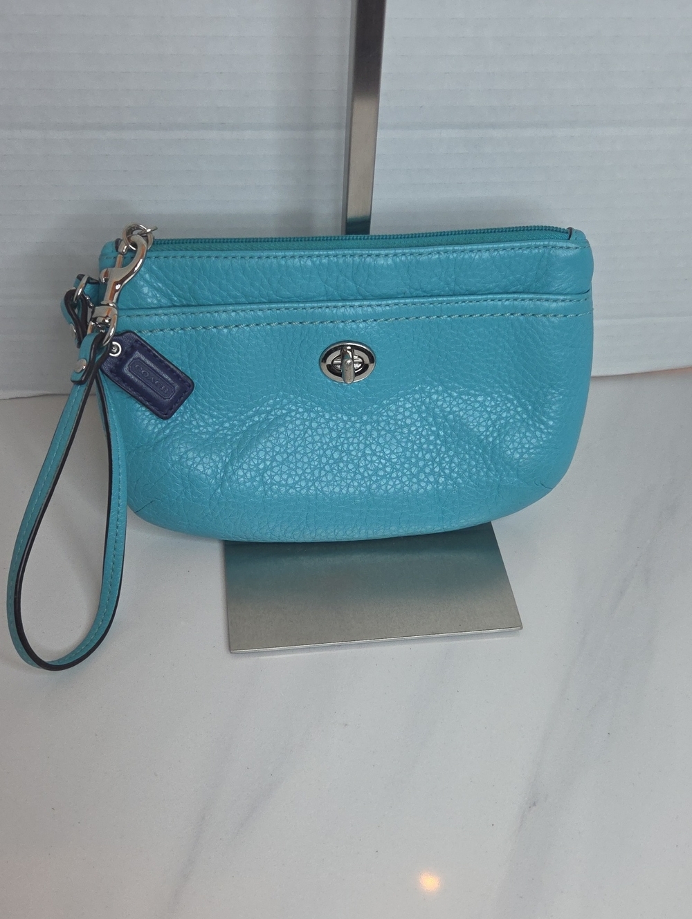 Coach Park Wristletin Teal Green Pebbled Leather